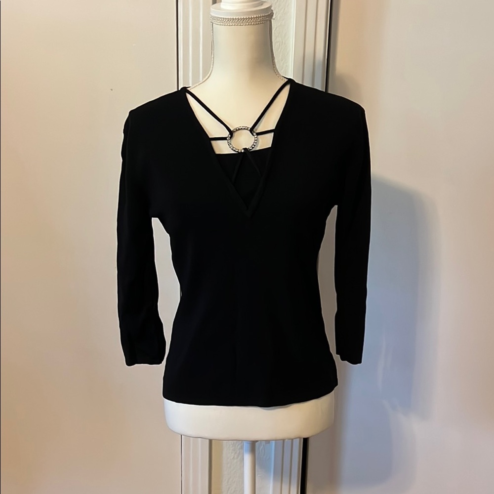 Joseph A Black Blouse with Cut Out Neckline and 3/4 Sleeves